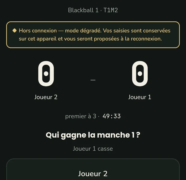 Le même écran, hors connexion : un bandeau annonce que les saisies sont conservées sur l'appareil et seront proposées à la reconnexion.